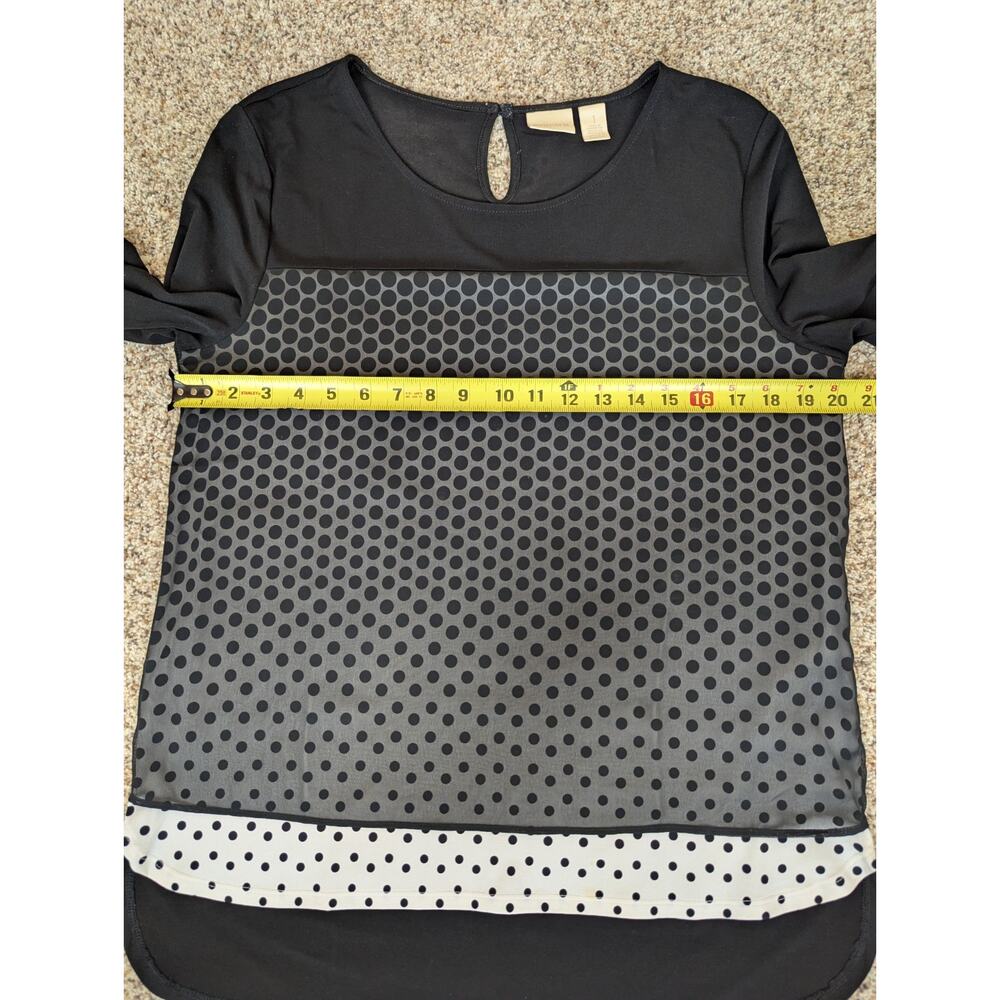 Chico's Blouse Black Chiffon Overlay White w Polka Dots Lining Size 1 Medium - Picture 7 of 9